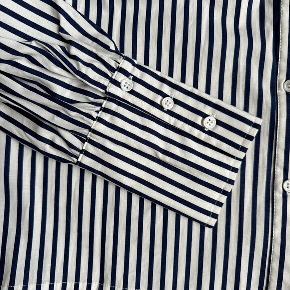 Walter Baker Womens Navy Striped Button Down Shirt M Cold Shoulder Lace Ruffle - Picture 6 of 11